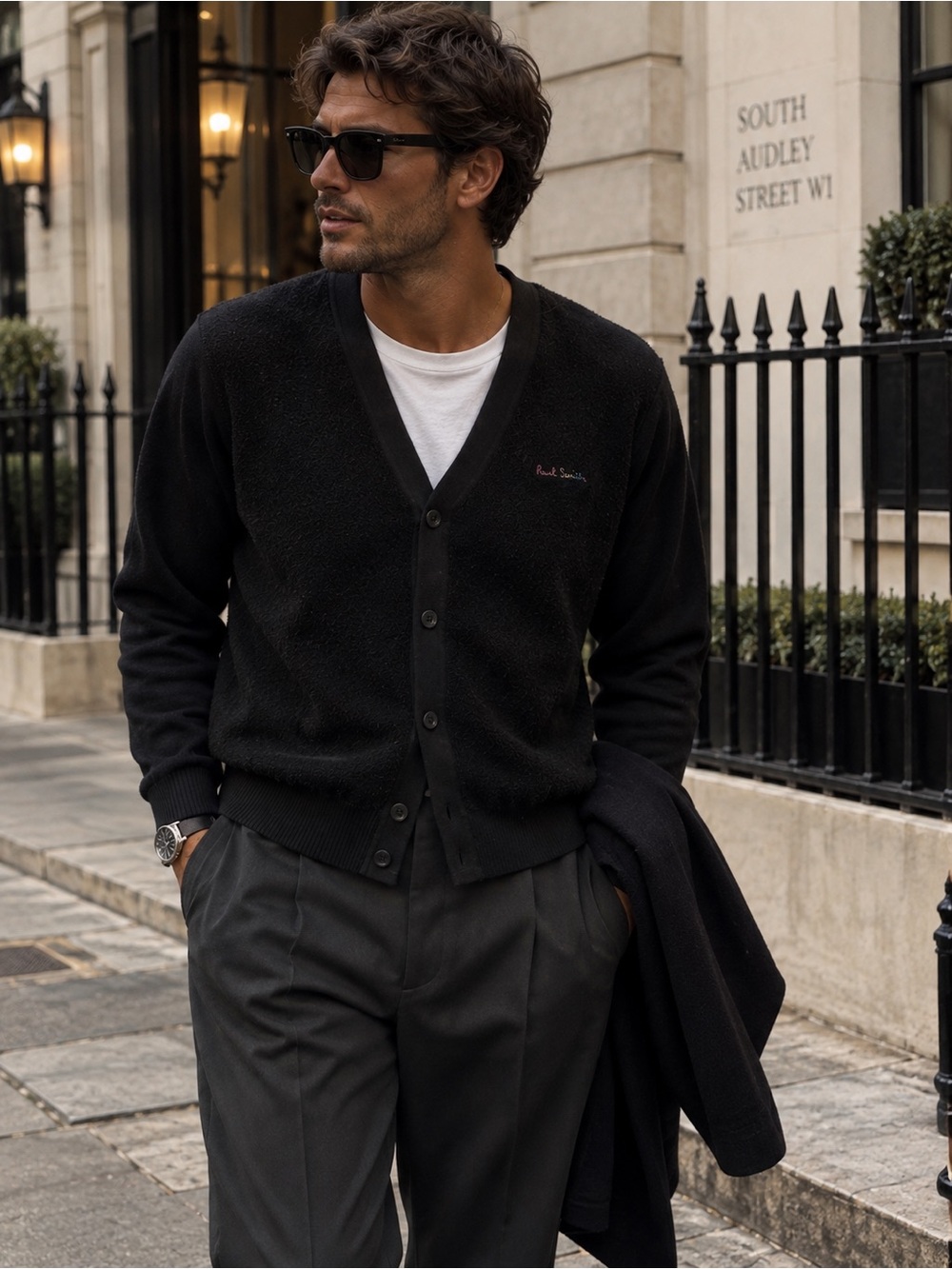 Paul Smith London Men's L Black Mixed Texture Cotton Cardigan Y2K Designer